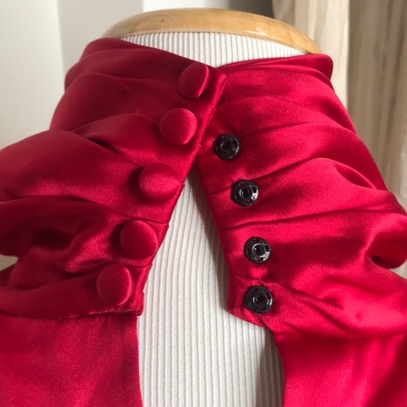 VTG Red Silk Satin Balloon Button Sleeve Blouse L - Picture 12 of 16